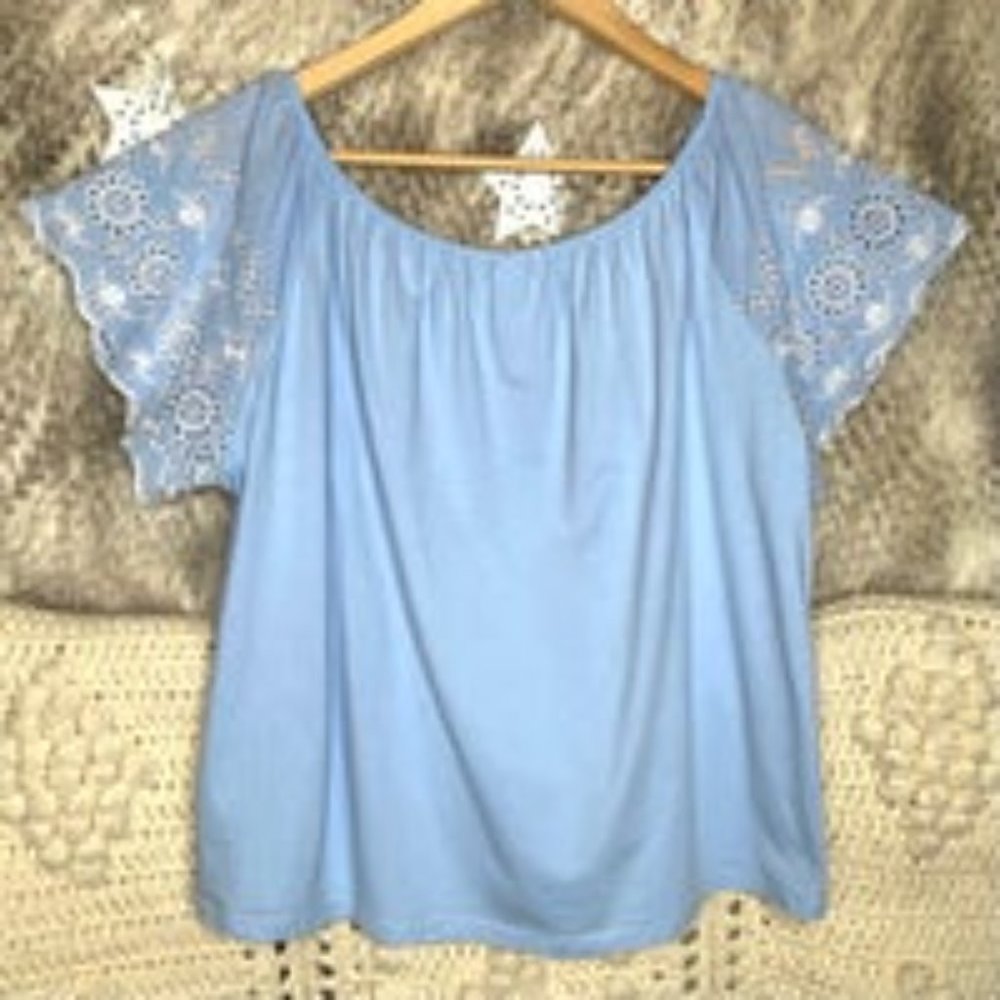 Off Shoulder Baby Blue Lace Shirt - Picture 2 of 2